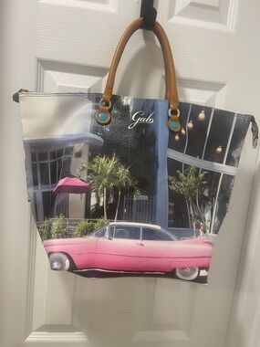 Gabs Unique bag!!Pink Classic Car Print leather Tote! Rare find! Made in Italy